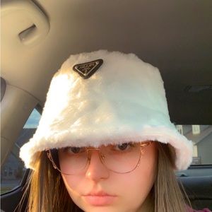 White fuzzy Prada hat